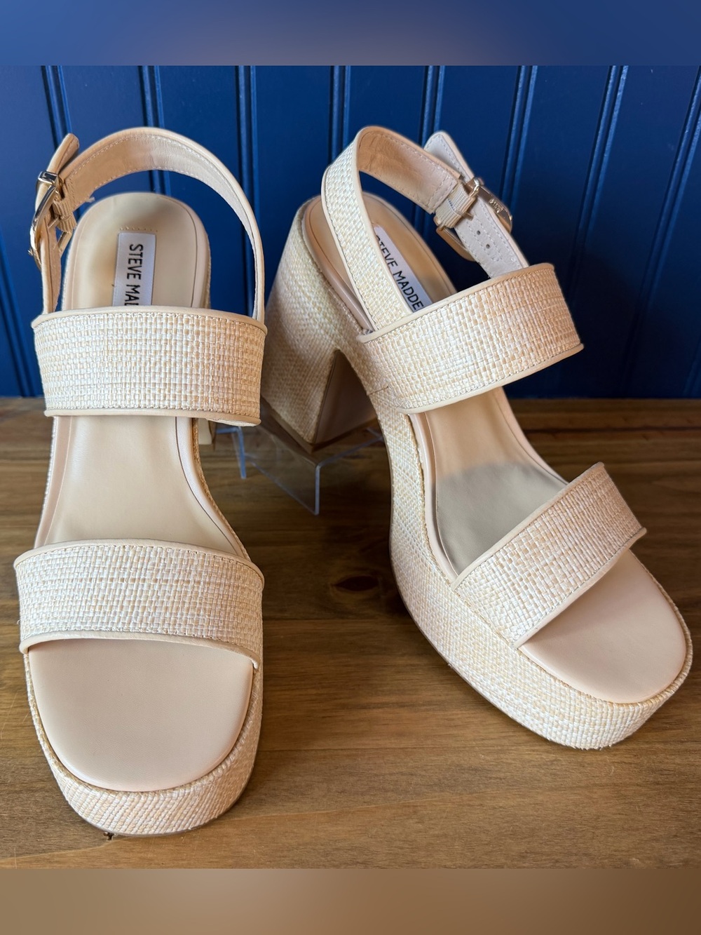 NIB Steve Madden Valory Raffia Platform Block Heel Sandals Natural Size 10